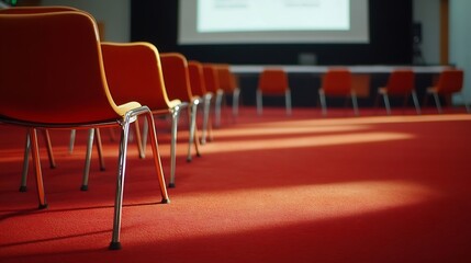 Aufkleber - Screen chairs and projector in empty conference hall with a red carpet on the floor : Generative AI
