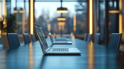Poster - Empty conference room with laptops on table : Generative AI
