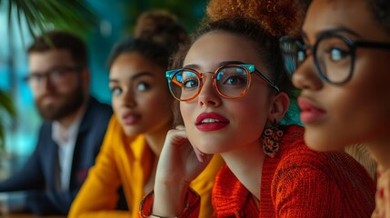 Poster - Portrait of young creative team sharing ideas in business meeting all wearing vibrant style : Generative AI