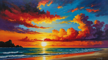 Wall Mural - Vibrant sunset over tropical beach in acrylic painting with bold colors