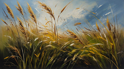 Wall Mural - Wild grasses blowing in the wind in oil painting with dynamic strokes