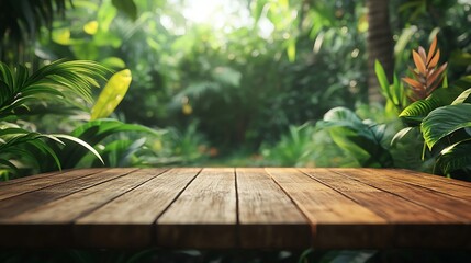 Aufkleber - Wood tabletop podium floor in outdoors tropical garden forest blurred green leaf plant nature backgroundNatural product placement pedestal stand displayjungle paradise concept : Generative AI