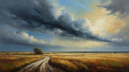 Wall Mural - Windswept plains under cloudy sky in oil painting with textured brushwork