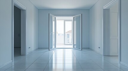 Poster - an empty room with white tile flooring and large open door leading to the bathroom area in this apartment building : Generative AI