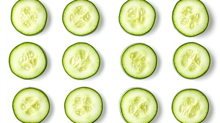 Poster - Round cucumber slices from different angles isolated on a white background : Generative AI