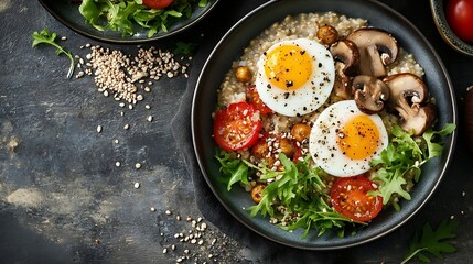 Wall Mural - Delicious healthy breakfasts buckwheat porridge with mixed salad with seeds and fried mushrooms with eggs top view of plates with food : Generative AI