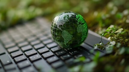 Poster - Laptop keyboard with green globe technology concept with nature concept digital sustainability green technology Green Technology Green IT CSR and Clean Technology Ethical Concepts : Generative AI