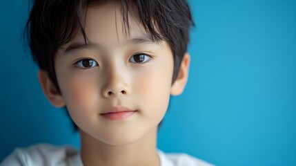 Portrait of asian boy posing on blue background : Generative AI