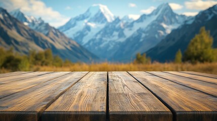 The empty wooden brown table top with blur background of Mount Cook landscape Exuberant image : Generative AI