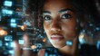 © Generative AI - World tablet and overlay with a business black woman using an ai or ux interface to access the metaverse of data Digital future and information with a global network working on a 3d ho : Generative AI