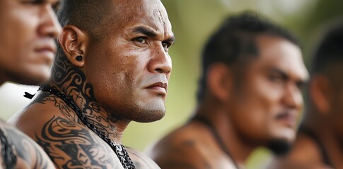 Group of Samoan men wearing traditional garments, showcasing their cultural heritage and customs.