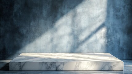 Aufkleber - White Marble Table Corner with Light Beam Shadow and Spotlight on the Blue Concrete Wall Background Suitable for Product Presentation Backdrop Display and Mock up : Generative AI
