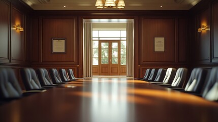 Leinwandbilder - Interior of conference room with chairs arranged around wooden table in empty creative office seen through doorway : Generative AI