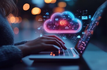 Woman using a Laptop with Cloud Computing Concept