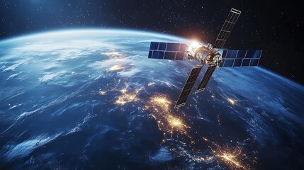 Poster - Telecommunication satellite providing global internet network and high speed data communication above Europe Satellite in space low Earth orbit Worldwide communication technology : Generative AI
