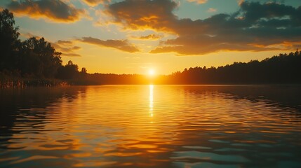 Poster - Colorful golden sunset over the lake and forest in the background Leningrad region Russia : Generative AI