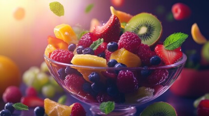 Colorful Fruit Salad with Mint and Kiwi