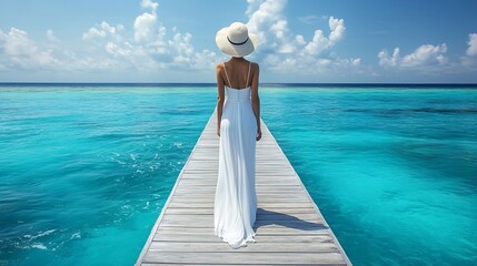 Poster - Back view of a elegant woman in white dress and hat walks down a pier over turquoise ocean in the Maldives islands : Generative AI