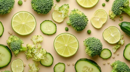 Poster - Creative layout made of broccoli cucumber and lime on the beige background Food concept Macro concept : Generative AI