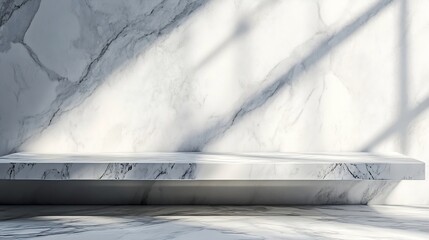 Poster - Marble Table with White Stucco Wall Texture Background with Light Beam and Shadow Suitable for Product Presentation Backdrop Display and Mock up : Generative AI