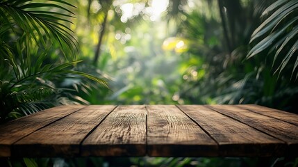 Leinwandbilder - The empty rustic wooden plank table top with blur background of jungle Exuberant image : Generative AI