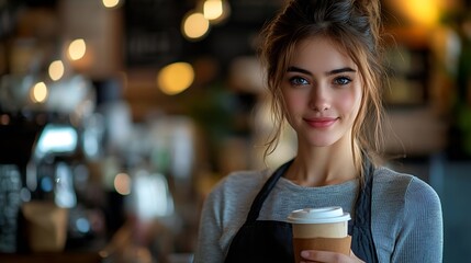 Poster - Portrait of a cute female barista standing behind a bar holding hot takeaway drinks Modern cafe Business concept : Generative AI