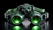 © Four888 - High-tech, futuristic night vision goggles on a black background, illuminated green lenses and adjustable straps, conveying stealth, surveillance, and advanced military technology.