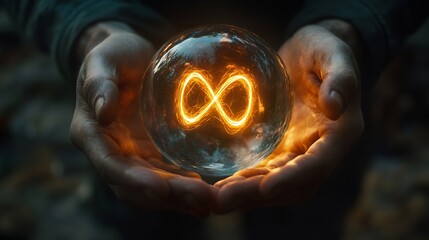 Infinity Symbol Glowing in Crystal Ball  Mysterious hands cradle a crystal ball emitting a bright light showcasing an infinity symbol representing endless possibilities and continuity : Generative AI