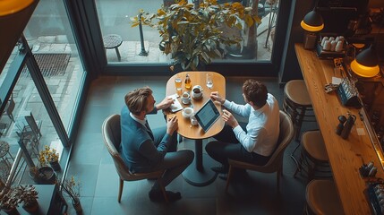 Poster - Two attractive Caucasian businesspeople colleagues sitting at the coffee bar using a computer tablet talking informal discussion at coffee break zone Top view Businesspeople discussion : Generative AI