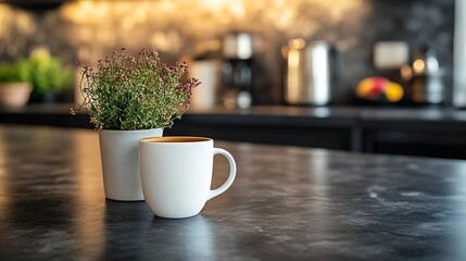 Aufkleber - Beautiful coffee cup on island or table countertop in modern home kitchen Dark grey kitchen design  detail of interior : Generative AI