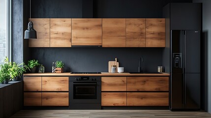 Poster - Modern and small kitchen with wooden cupboard and countertop and black furniture oven sink and fridge : Generative AI