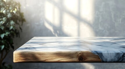 Poster - Marble table with wooden top table corner with light beam from window on wall background Suitable for Product Presentation Backdrop Display and Mock up : Generative AI