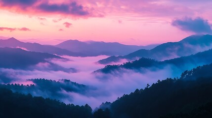 Fototapete - Romantic landscape sunset foggy mountain in evening twilight Beautiful landscape foggy hills twilight time Beautiful Purple sky sunrise dramatic landscape mountain Dawn sky dusk time c : Generative AI