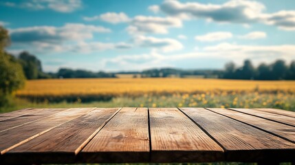Leinwandbilder - The empty wooden brown table top with blur background of farmland and blue sky Exuberant image : Generative AI