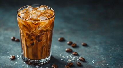 Aufkleber - Glass with iced coffee drink coffee maker coffee bean and sugar on gray background : Generative AI