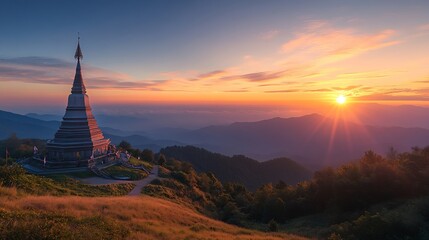 Beautiful Sunrise landscape at  Phramahathat Napaphol Bhumisiri on the top of Inthanon mountain Doi Inthanon National Park Chiang mai Thailand : Generative AI