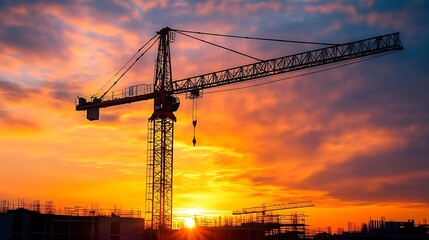 Aufkleber - Silhouette of construction with crane and sunset sky for preparation new year of 2024 : Generative AI