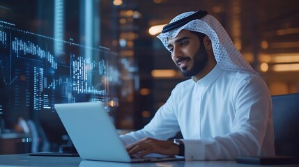 Poster - Smiling young professional arab manager working on a laptop in a modern office environment with futuristic holographic financial analysis graphics superimposed on the scene : Generative AI