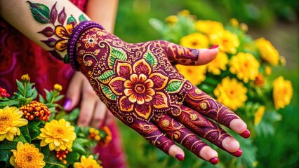 Intricately designed floral pattern of red and purple henna tattoos adorned with yellow flowers and green leaves on a beautiful woman's hand.