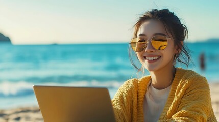 Poster - Woman sea laptop Business woman freelancer with laptop working over blue sea beach Happy smiling girl relieves stress from work Freelance remote work on vacation digital nomad travel c : Generative AI