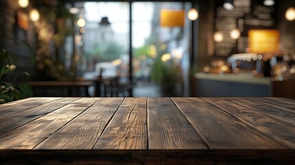 Fototapete - Empty wood table with blur interior coffee shop restaurant or cafe for background : Generative AI