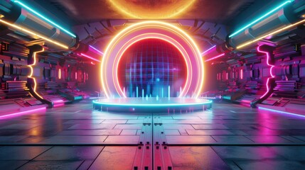 Canvas Print - Futuristic Neon Lights Stage Cyberpunk Tunnel  D Render