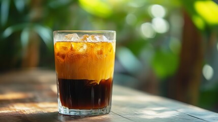 Aufkleber - Iced coffee with orange juice in a glass a refreshing bumble coffee on a hot summer day outside Espresso juice and syrup in layers : Generative AI