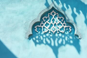 Wall Mural - Abstract light blue background with beautiful shadow of Muslim ornament on the wall , ai