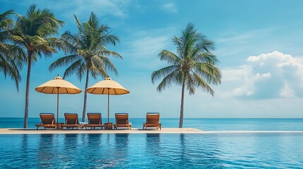 Poster - Happy tourism holiday landscape Luxury beach resort hotel swimming pool leisure beach chairs under umbrellas palm trees blue sunny sky Summer island seaside relax mood travel vacation  : Generative AI
