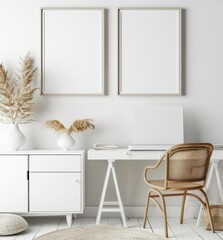 Minimalist home office interior with two empty frames mockup on white wall, stylish workspace. .