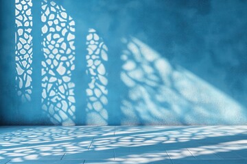 Wall Mural - Abstract light blue background with beautiful shadow of Muslim ornament on the wall , ai