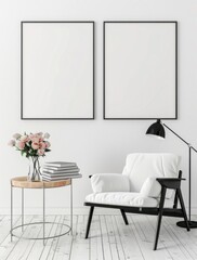 Minimalist interior with a white armchair, side table, and two blank black frames on the wall. Perfect for showcasing your artwork or designs!