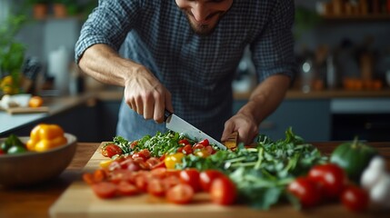 Cooking portrait and happy man cutting vegetables on kitchen counter for healthy diet nutrition or lunch Chopping board food and face of person preparing fresh salad for organic meal p : Generative AI