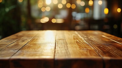Leinwandbilder - empty wooden brown table on blurred light gold bokeh cafe restaurant bar place for your products on the table Abstract background : Generative AI